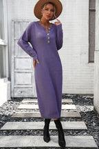 Notched Neck Dropped Shoulder Button-down Midi Dress