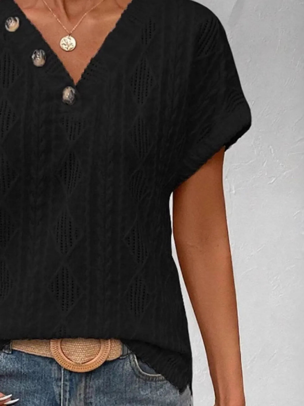 Textured V-neck Short Sleeve Top (6)