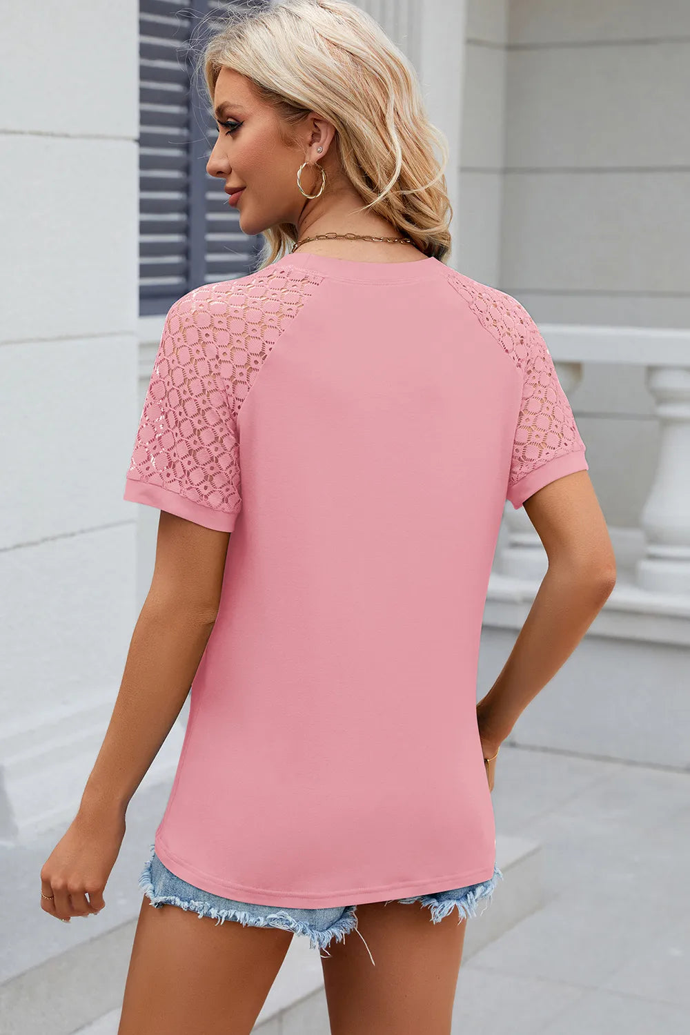 Openwork Round Neck Short Sleeve T-shirt (8)