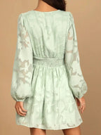 Smocked V-neck Balloon Sleeve Dress (3)