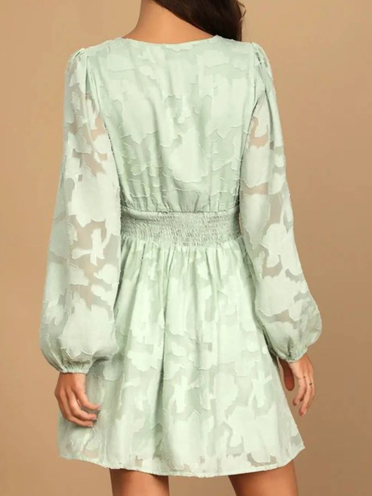 Smocked V-neck Balloon Sleeve Dress (3)