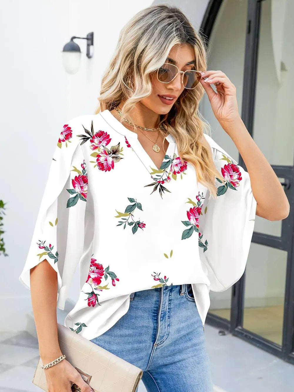 Printed Notched Half Sleeve Blouse (23)