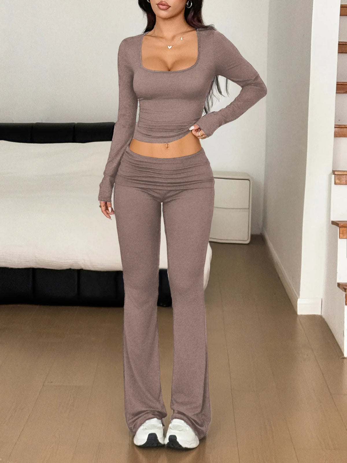 Long Sleeve Crop Top Bootcut Pants Set (29)