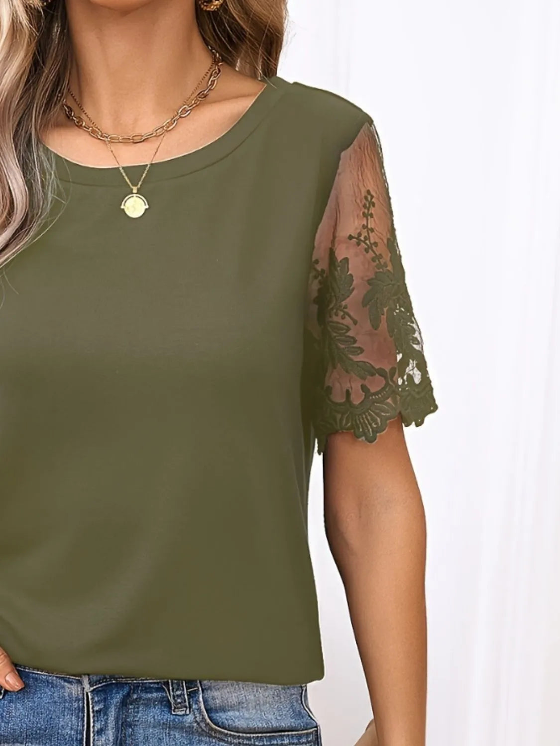 Lace Detail Round Neck Short Sleeve T-shirt (14)