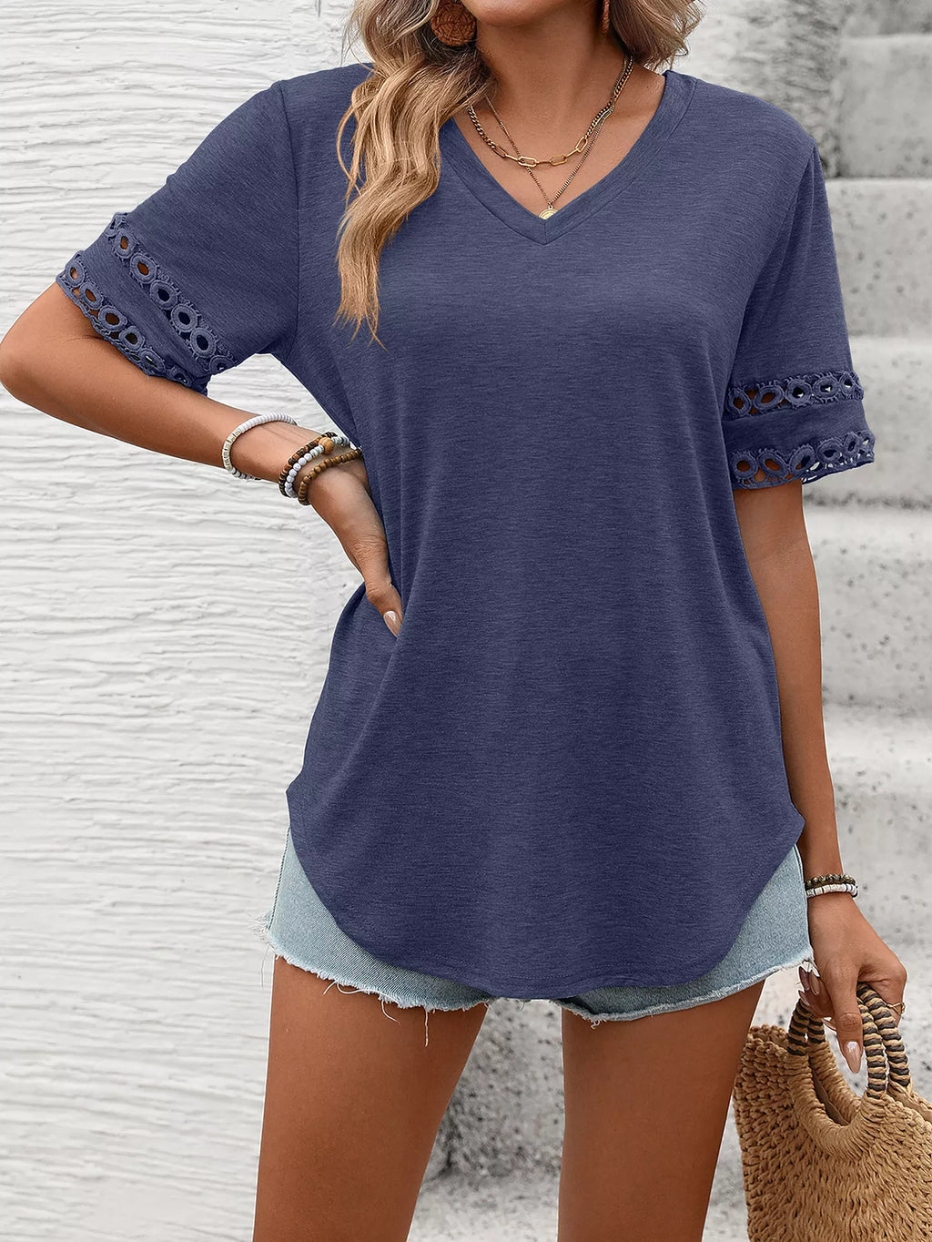V-neck Hollow-out Sleeve T-shirt (26)