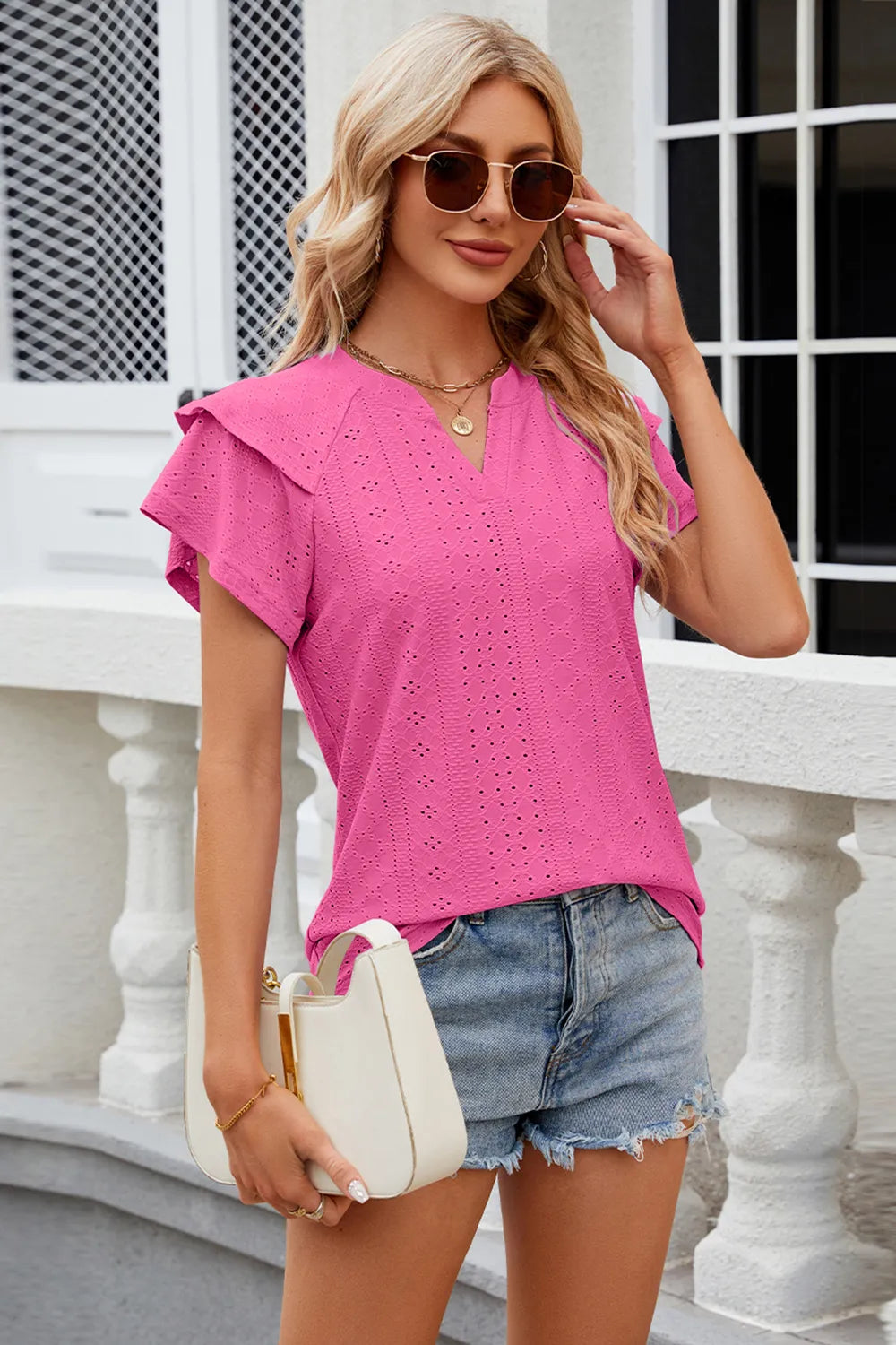 Eyelet Notched Short Sleeve T-shirt (4)