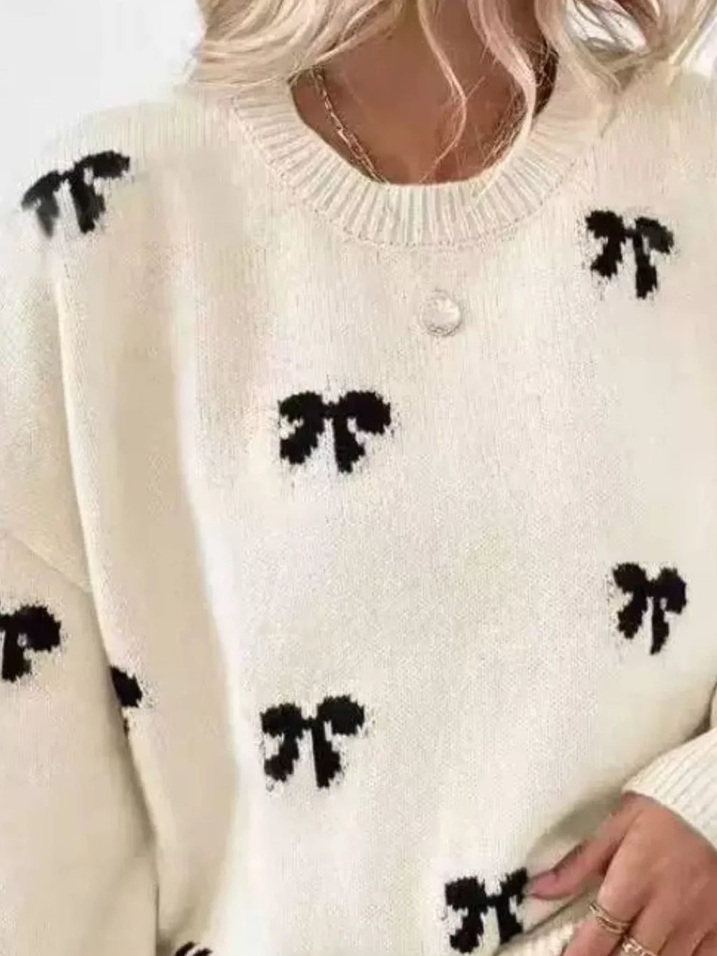 Bow Round Neck Dropped Shoulder Sweater (2)
