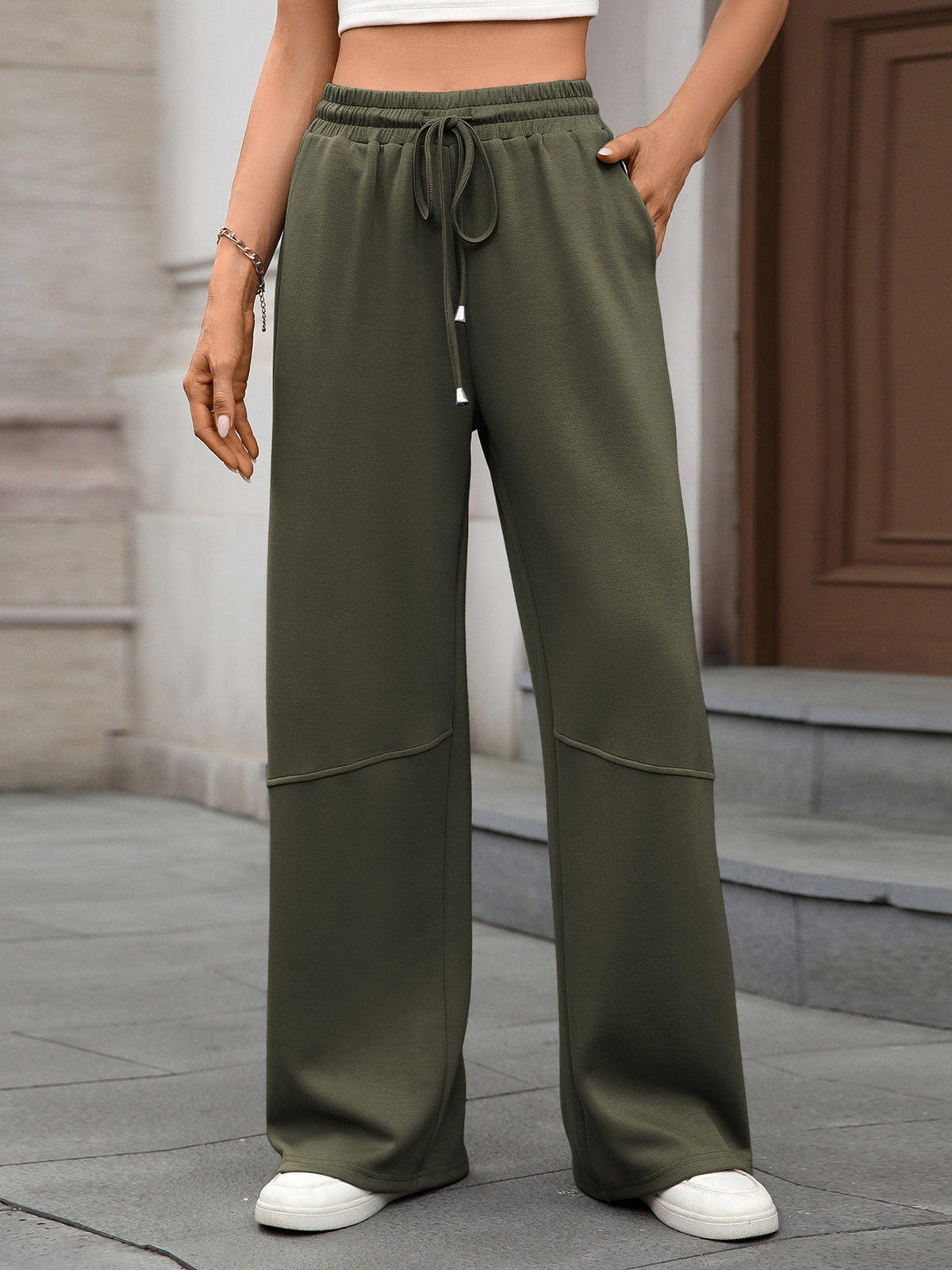Drawstring High Waist Wide Leg Casual Pants (19)