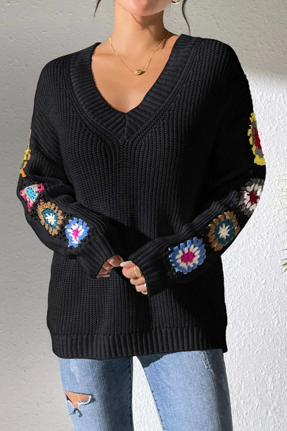 Crochet Flower V-neck Sweater (10)