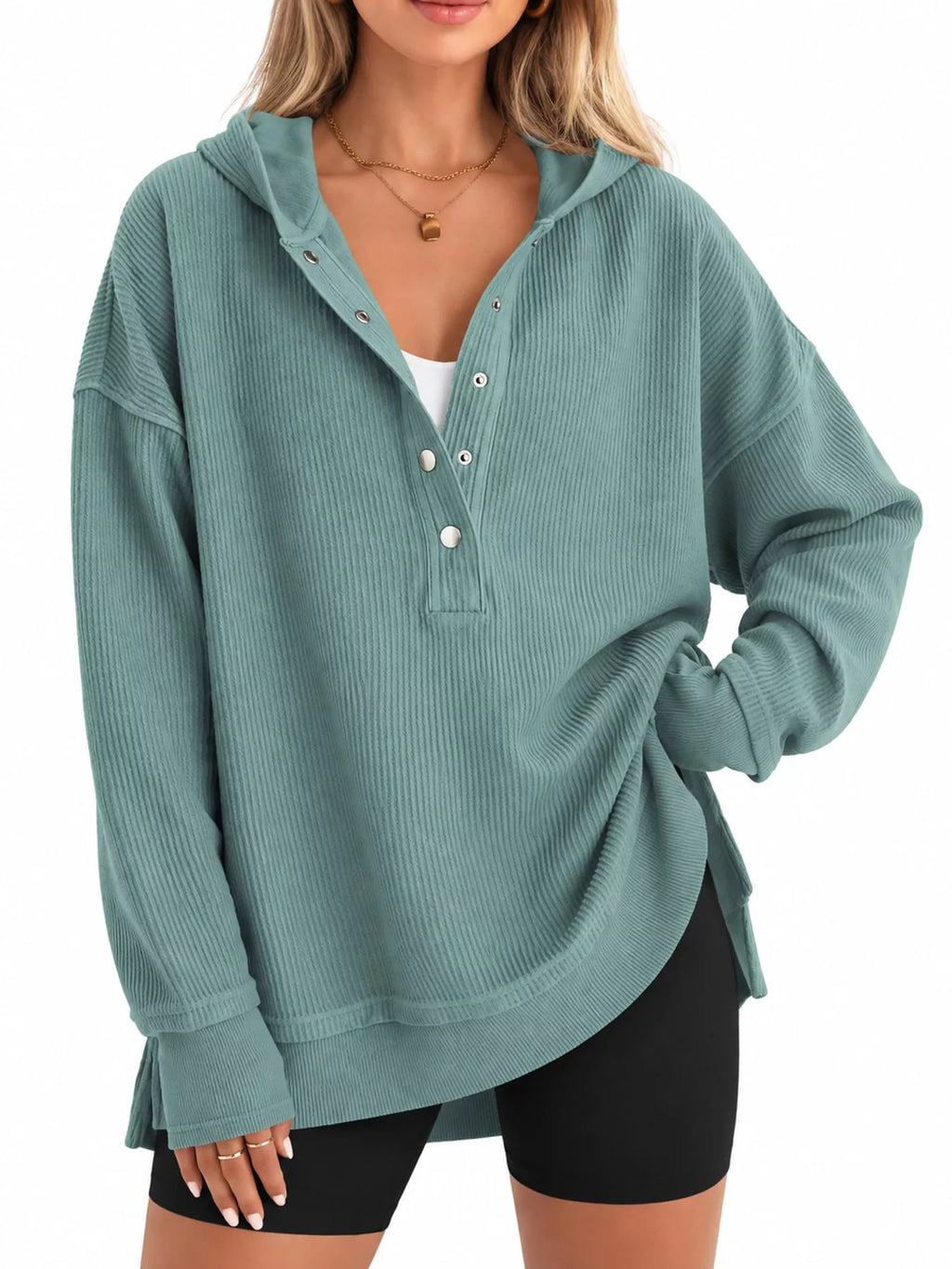 Full Size Snap Button Placket Dropped Shoulder Hoodie Plus
