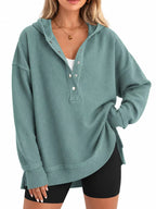 Full Size Snap Button Placket Dropped Shoulder Hoodie Plus