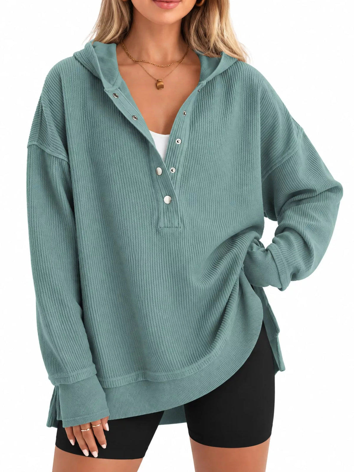 Full Size Snap Button Placket Dropped Shoulder Hoodie Plus
