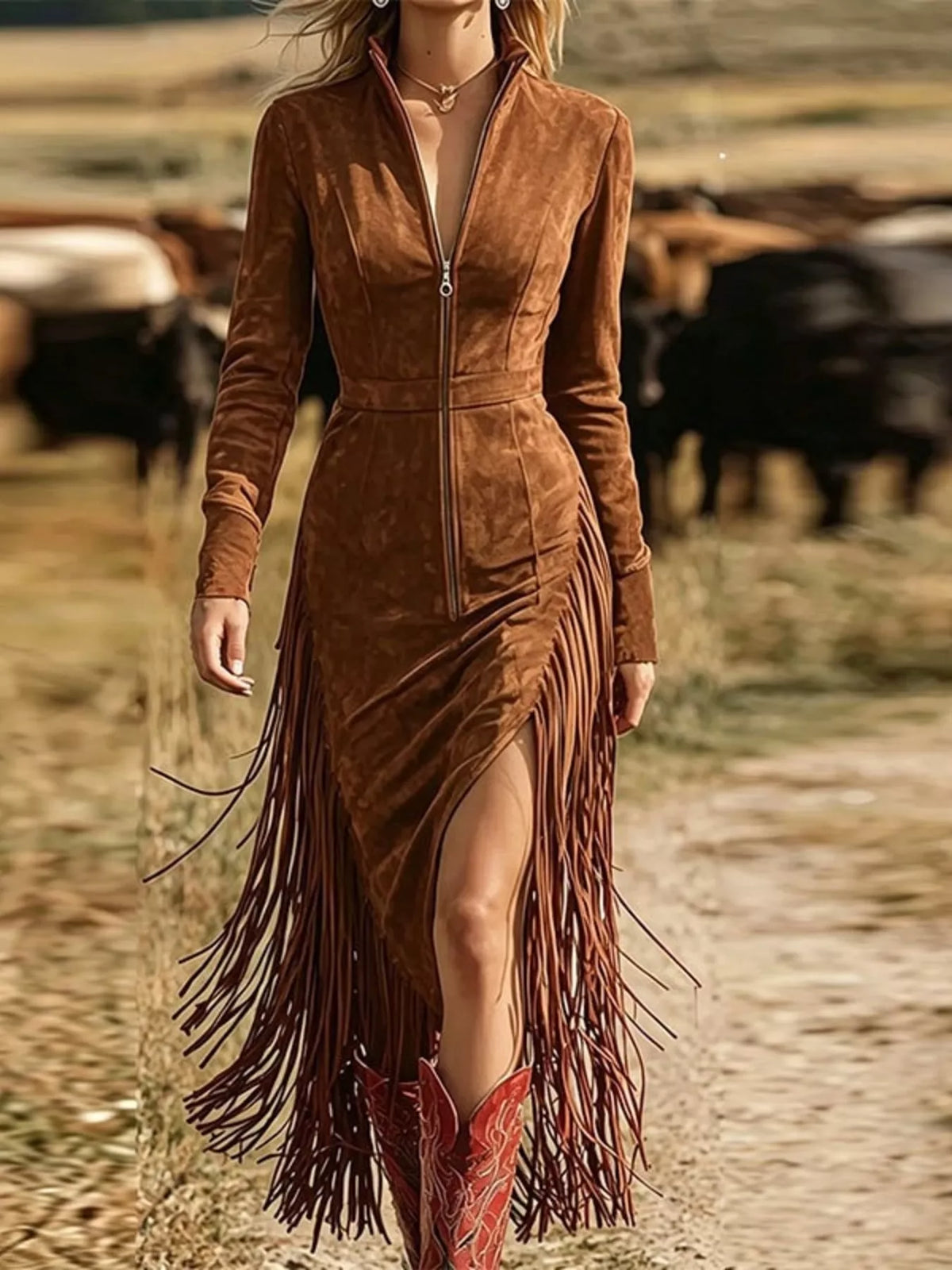 Fringe Zip-front Midi Dress (4)