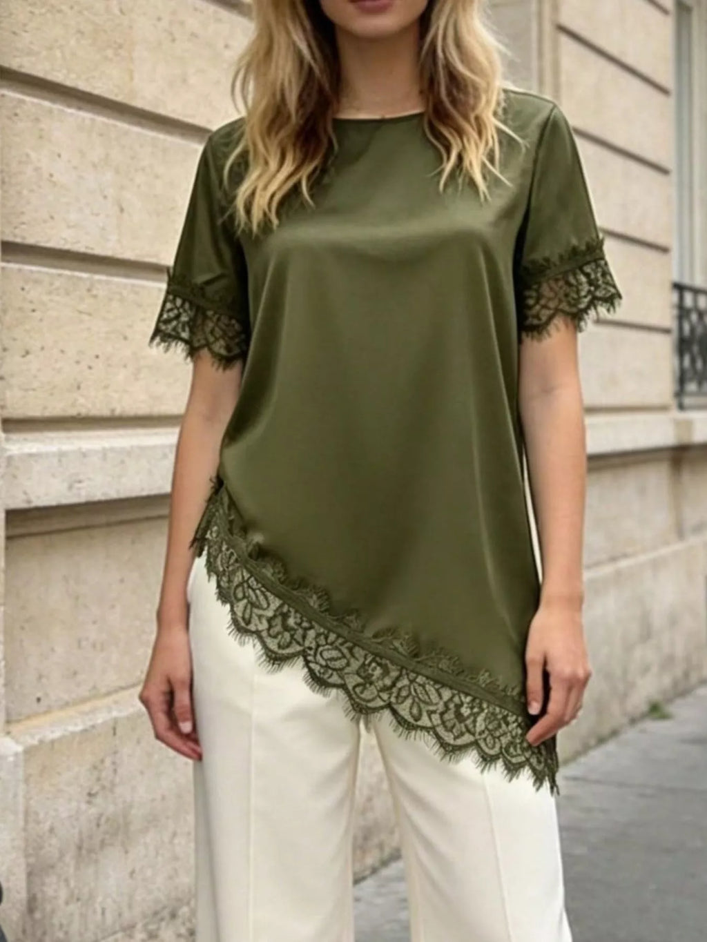 Lace Trim Short Sleeve Satin Top (2)