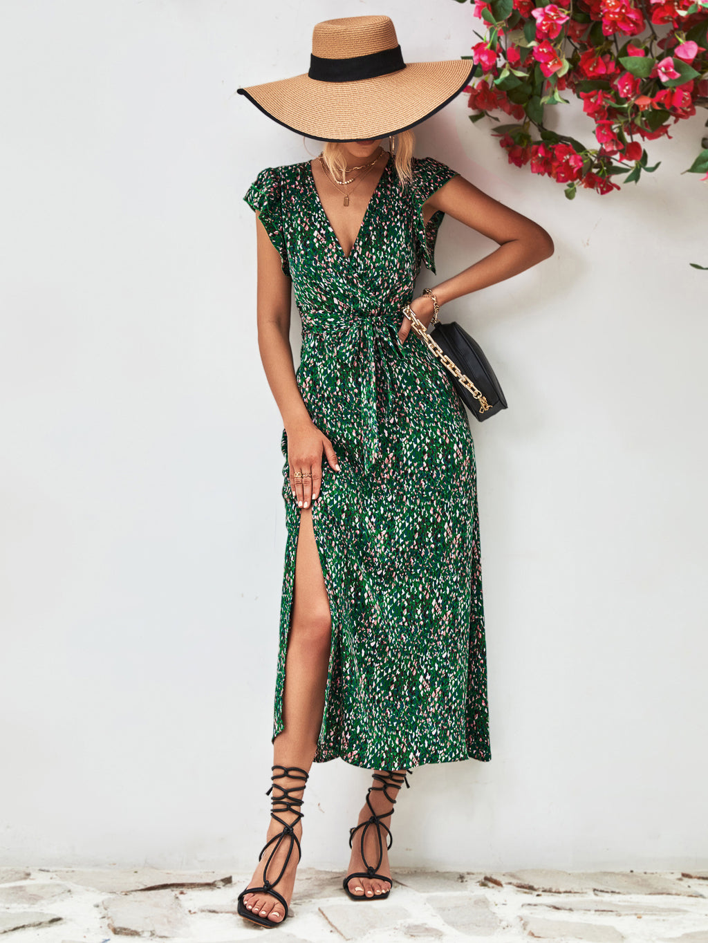 Printed Surplice Neck Flutter Sleeve Slit Dress (4)