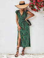 Printed Surplice Neck Flutter Sleeve Slit Dress (4)
