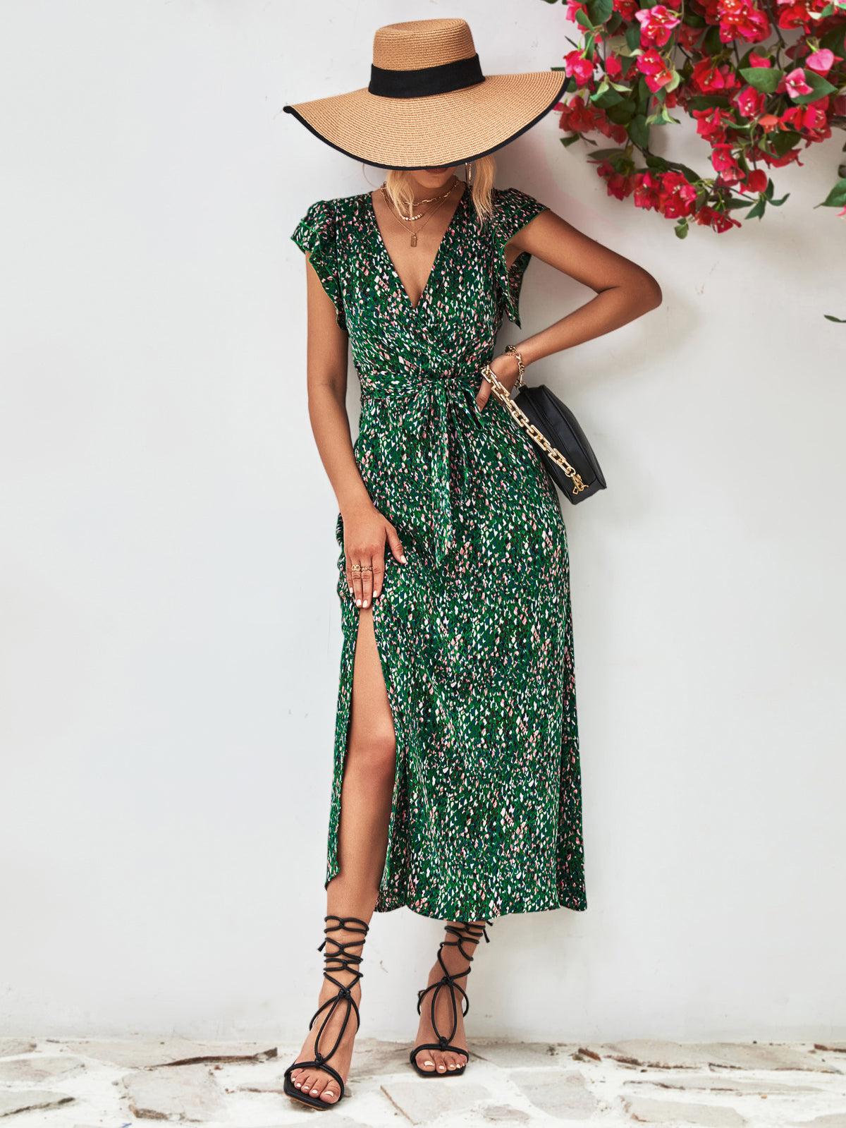 Printed Surplice Neck Flutter Sleeve Slit Dress (4)