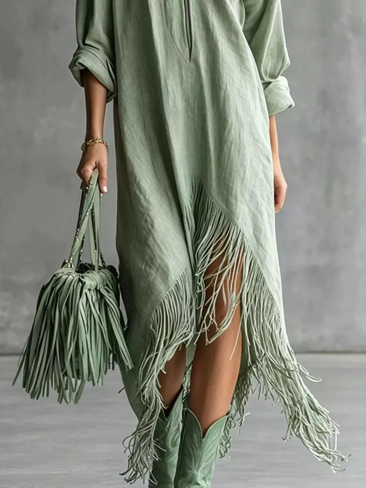 Fringe Hem Zip-up Shirt Dress (4)