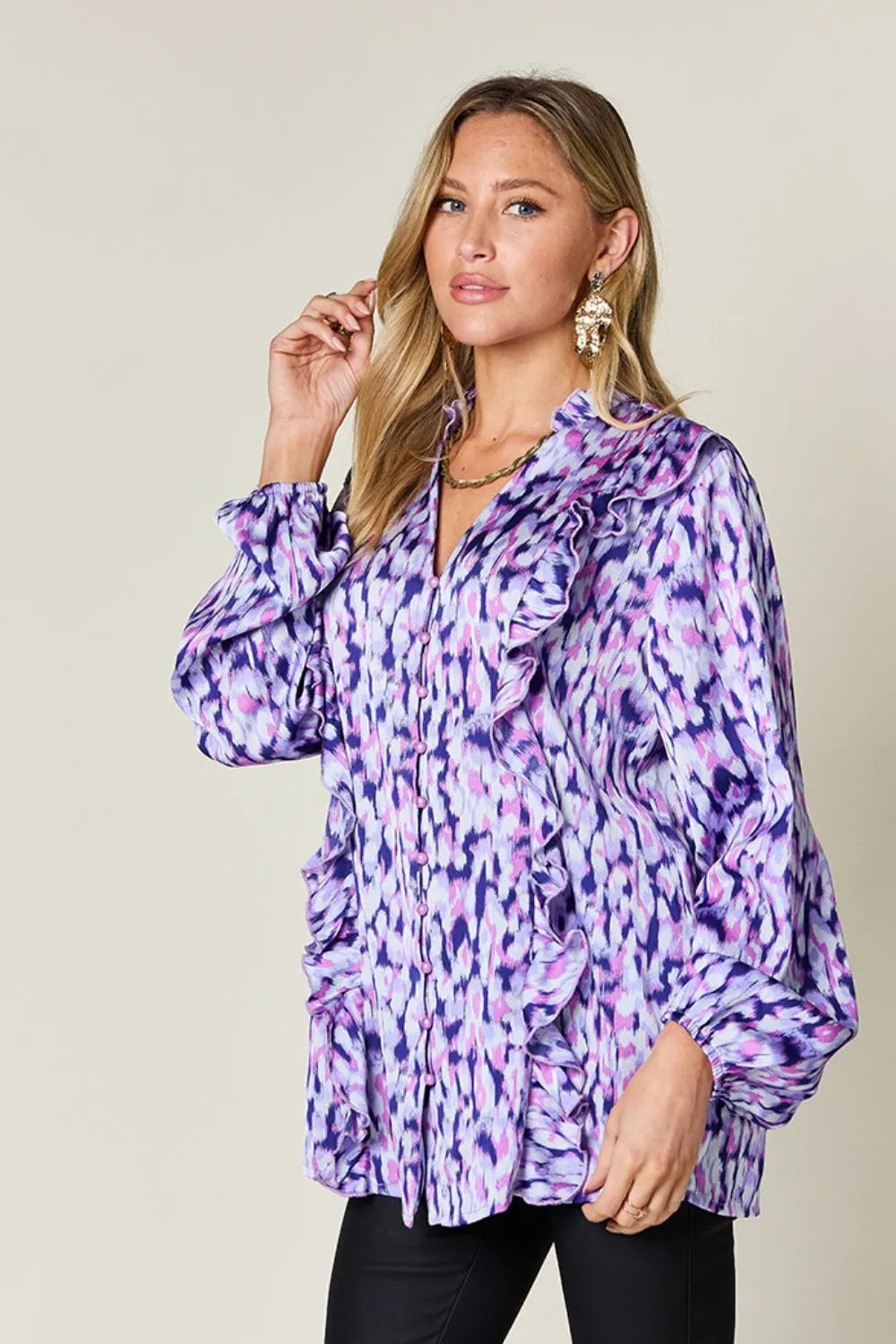 Full Size Printed Ruffle Trim Balloon Sleeve Shirt Plus (21)