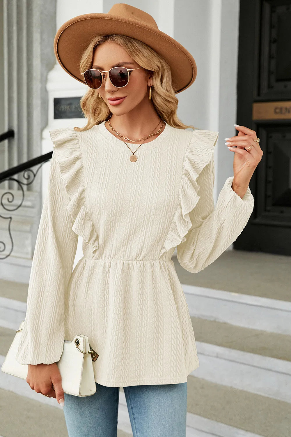 Ruffled Round Neck Balloon Sleeve Blouse (20)