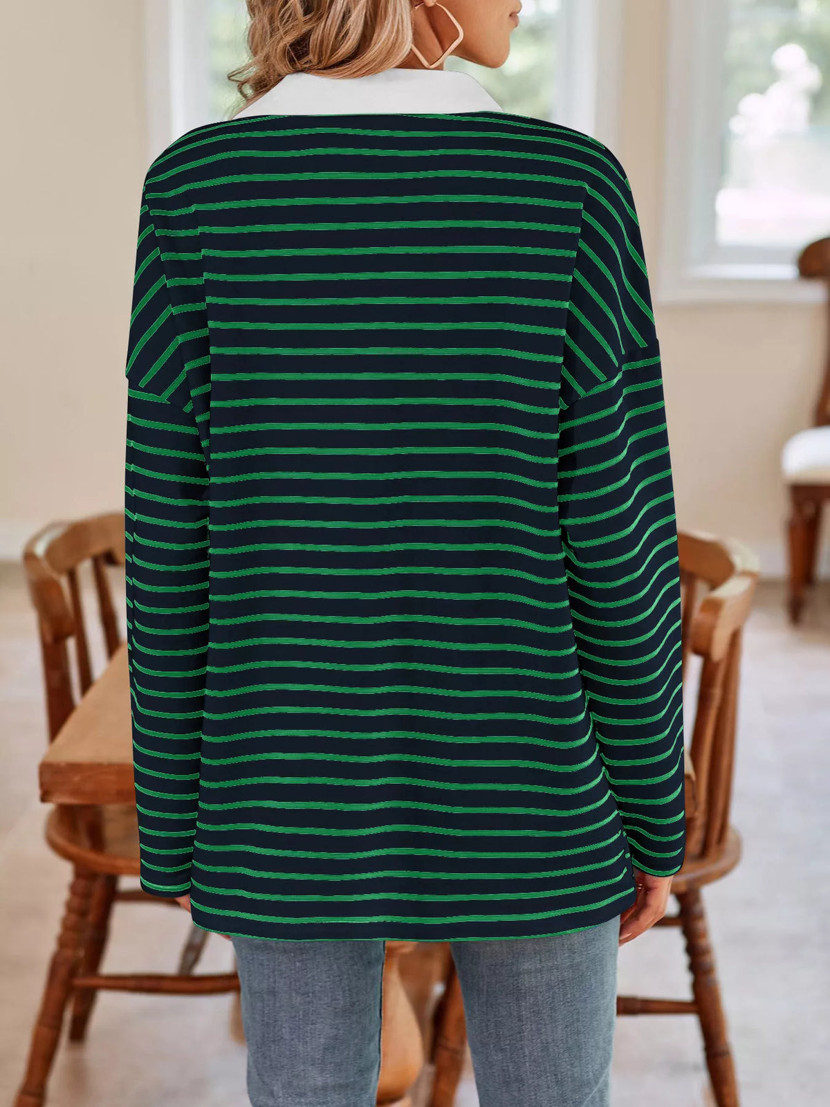 Oversized Striped Johnny Collar T-shirt (12)