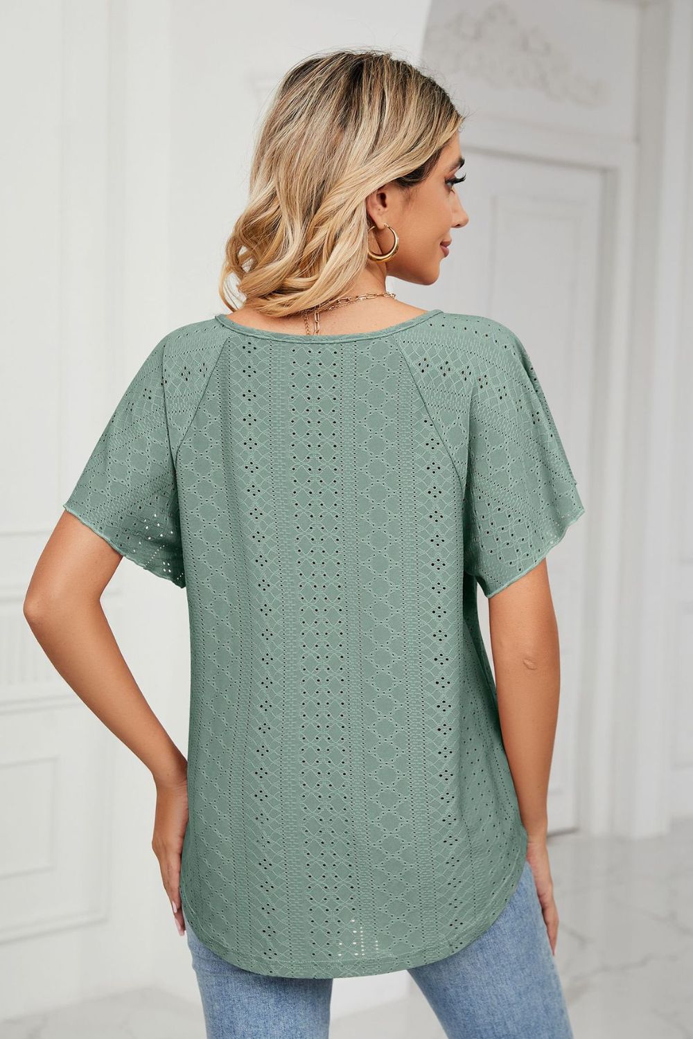 Eyelet Tie-neck Flutter Sleeve Top (6)