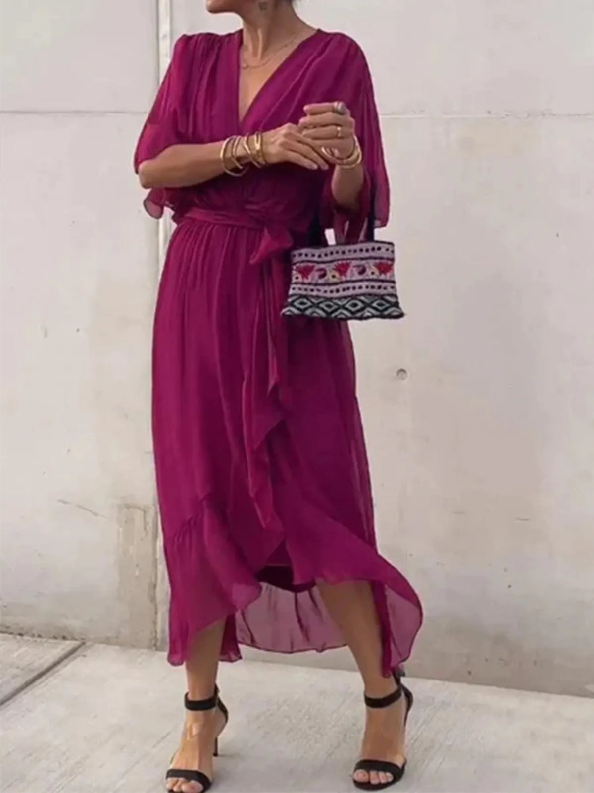 Full Size Flowy Tie Front Midi Dress Flutter Sleeves Plus (13)