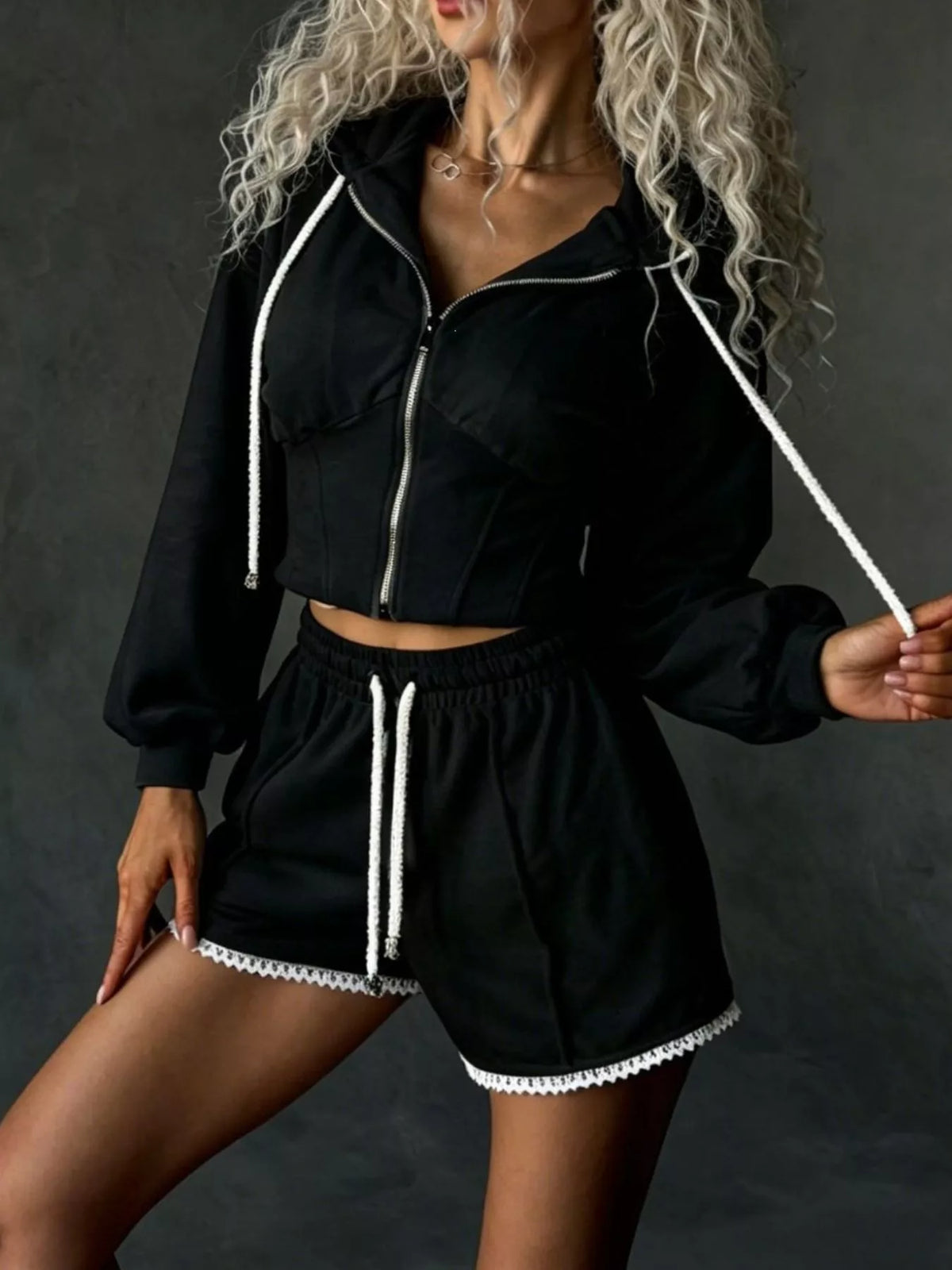 Zip Up Hooded Outerwear Shorts Set (11)