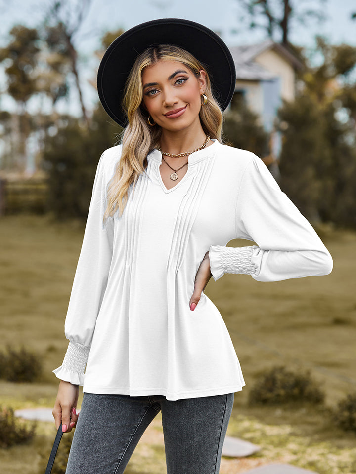Notched Neck Flounce Sleeve Blouse (5)