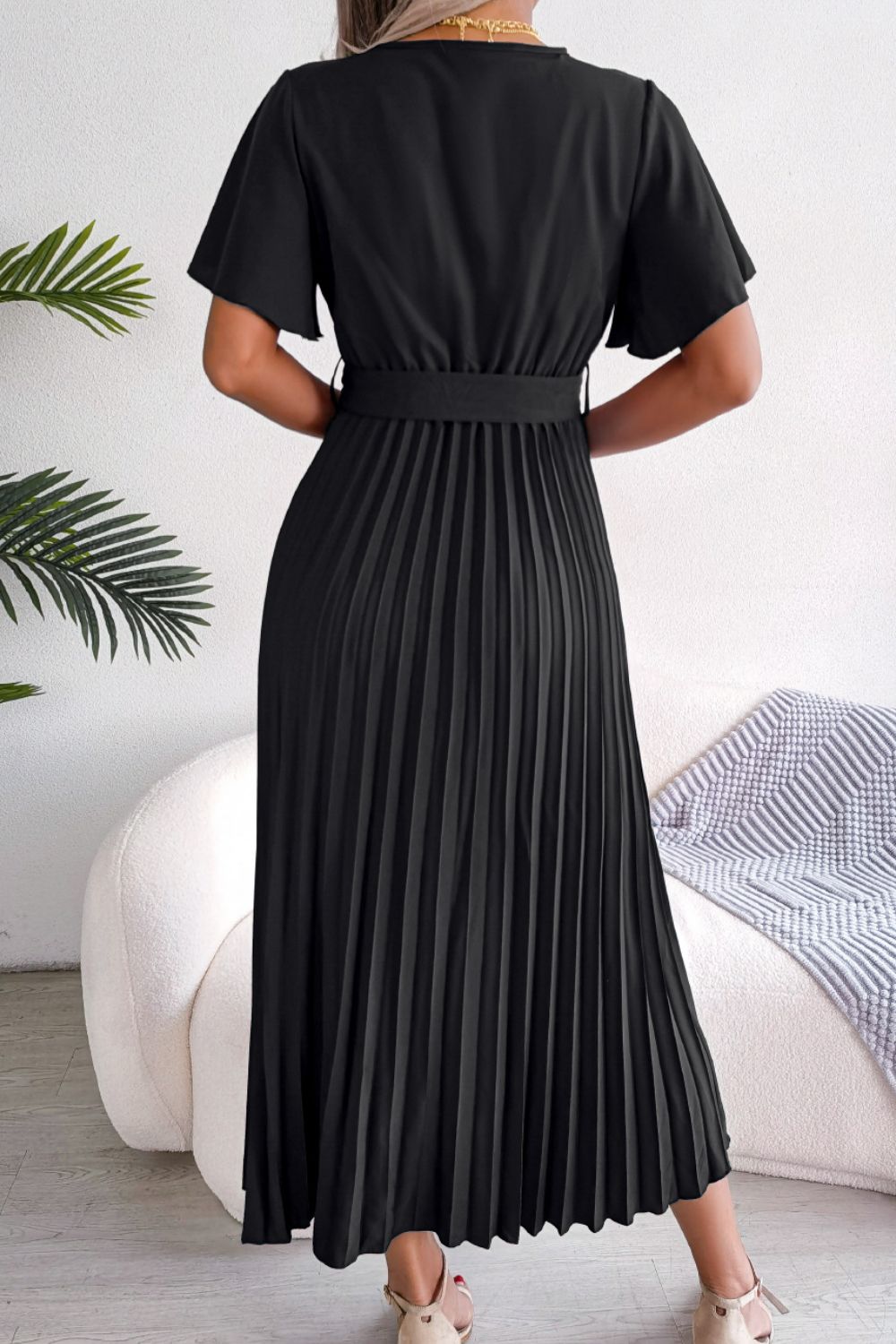 Pleated Flutter Sleeve Belted Dress (8)