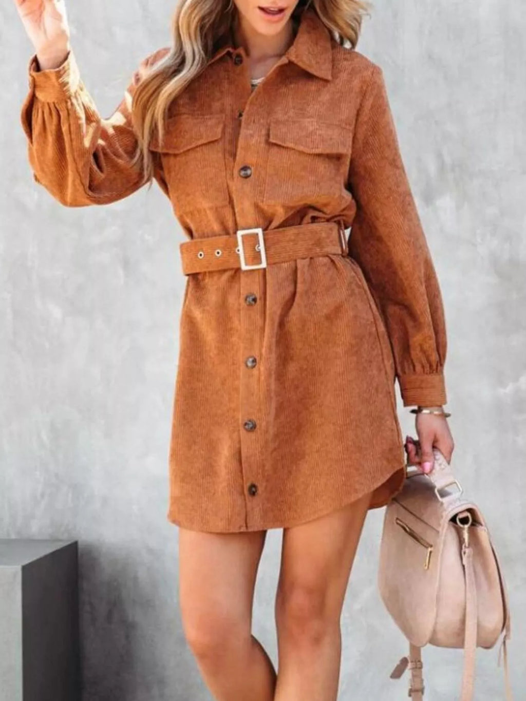 Button Front Belt Long Sleeve Corduroy Dress (8)