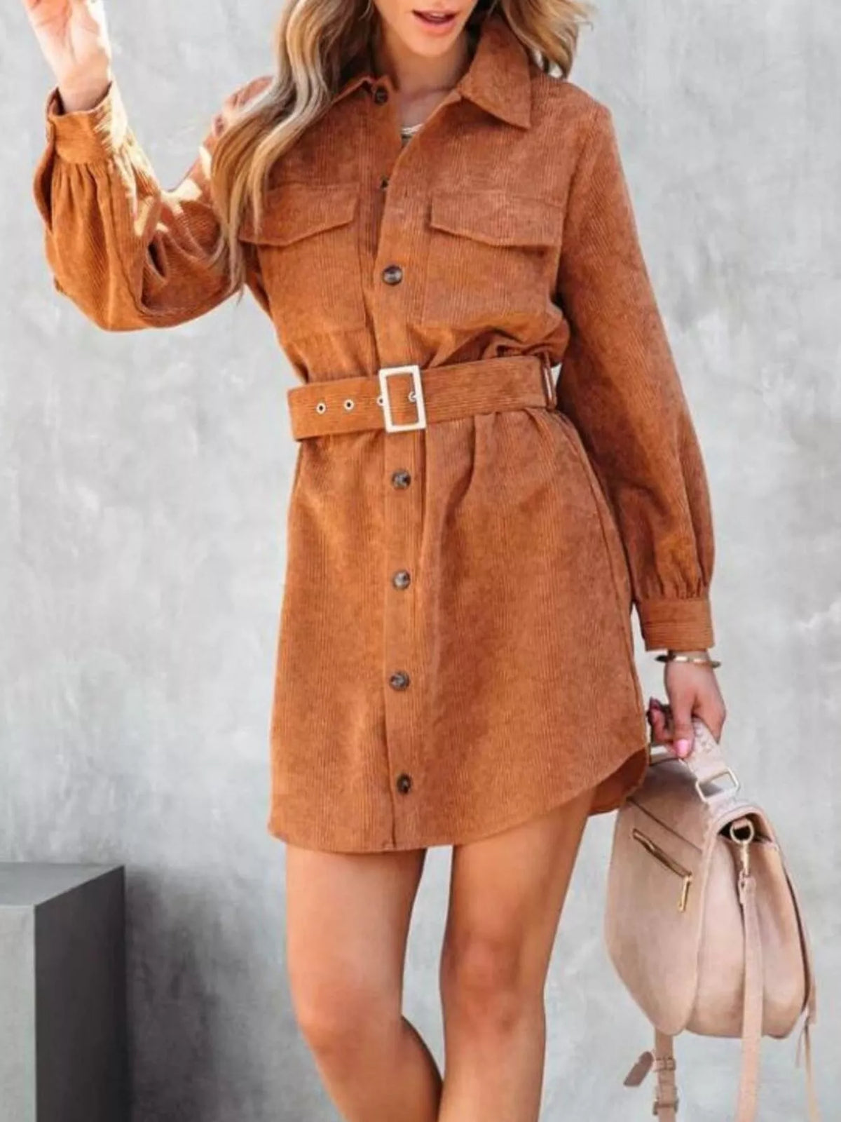 Button Front Belt Long Sleeve Corduroy Dress (8)