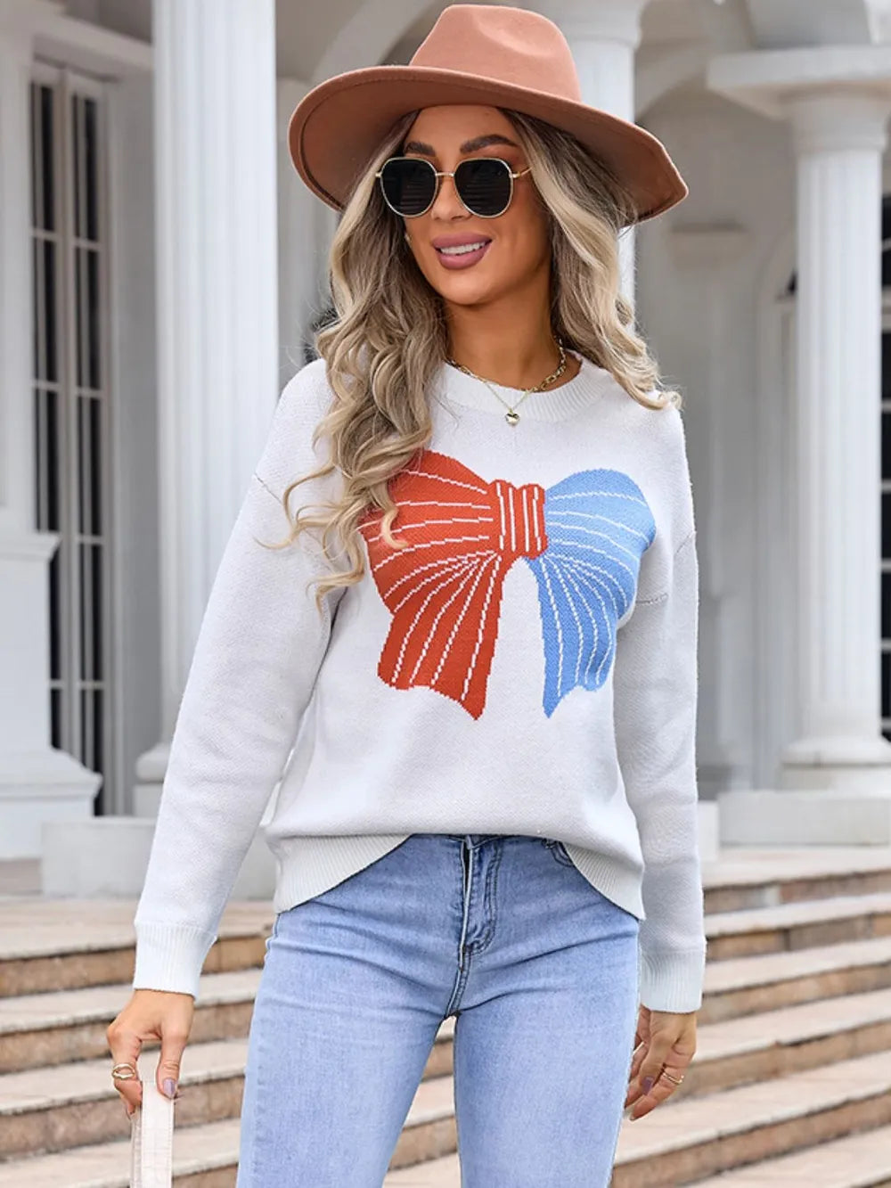 Bow Round Neck Dropped Shoulder Sweater (3)