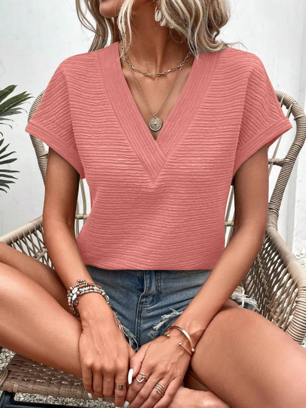 Textured Solid Color Short Sleeve Top (23)