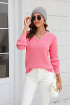 Ribbed V-neck Dropped Shoulder Knit Top (3)