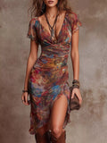 Floral Print V-neck Midi Dress High Slit