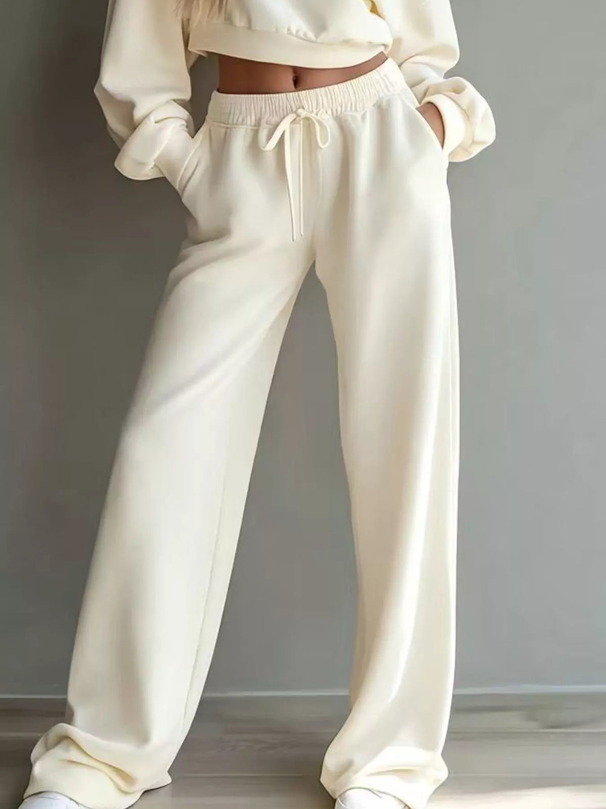 Round Neck Cropped Sweatshirt Wide-leg Pants (6)