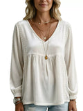 Full Size V-neck Long Sleeve Velvet Blouse Lace Trim Plus