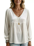 Full Size V-neck Long Sleeve Velvet Blouse Lace Trim Plus