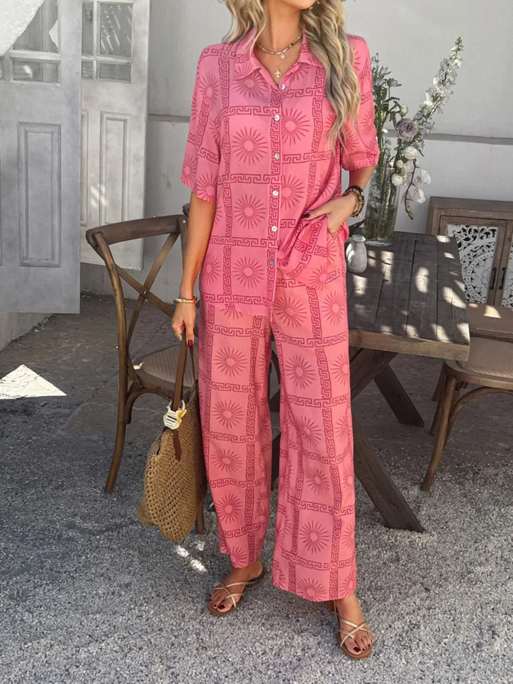 Printed Button Down Shirt Pants Set (8)