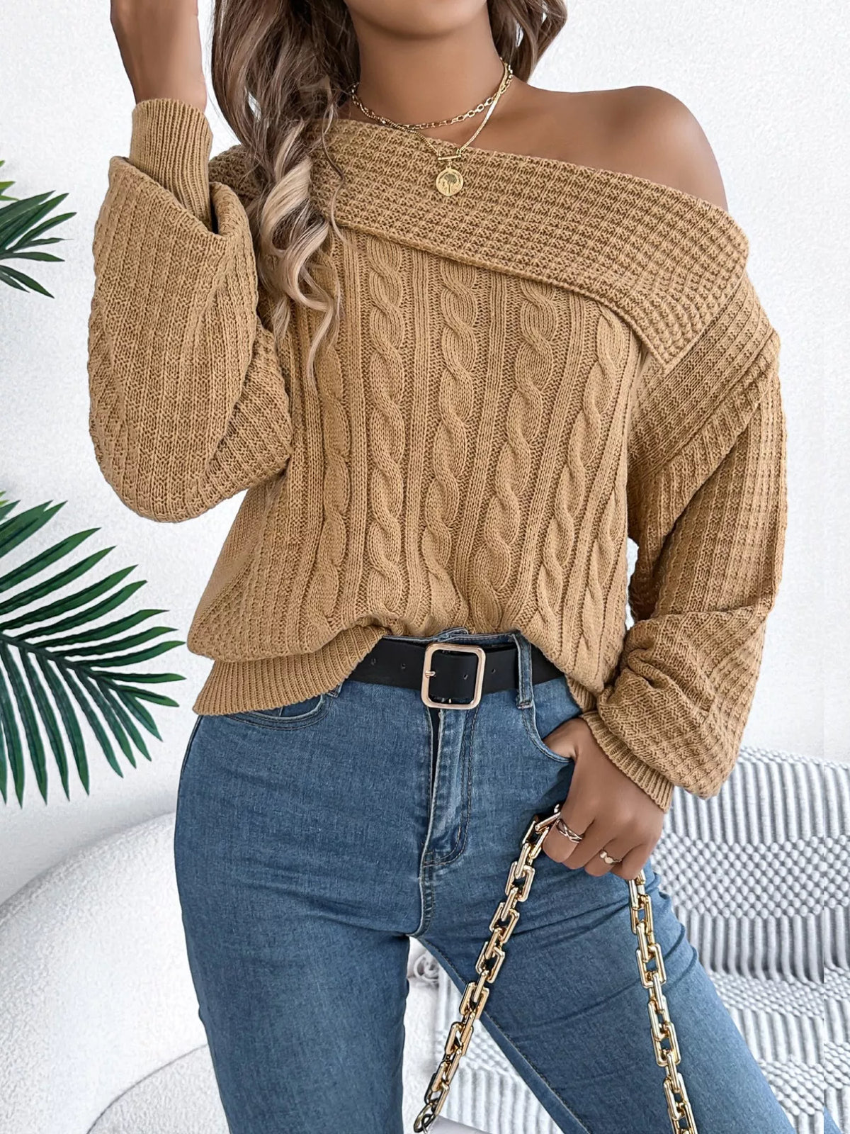 Off-shoulder Cable Knit Sweater (14)
