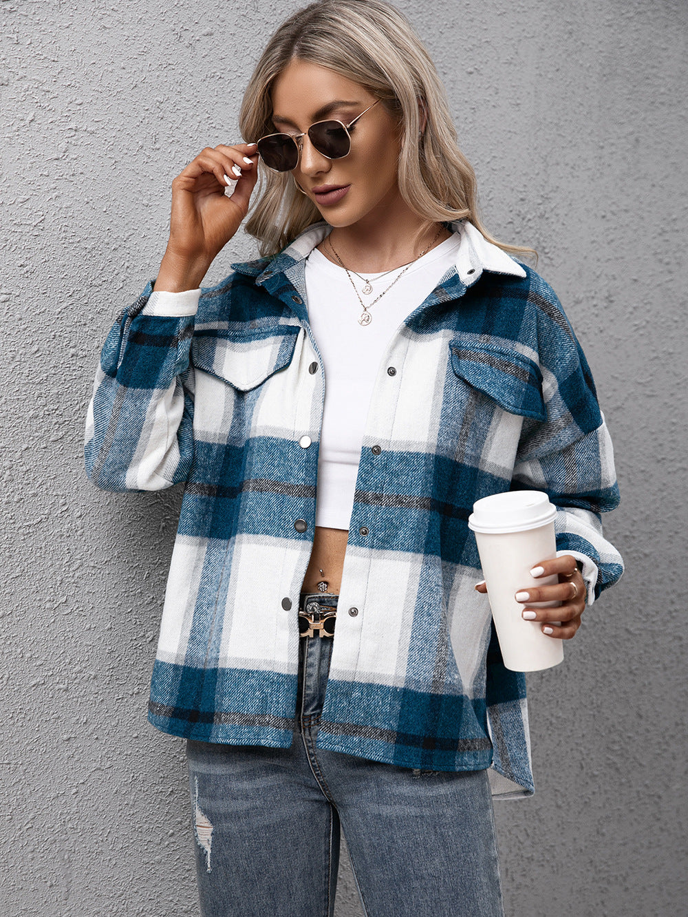 Plaid Long Sleeve Shirt Jacket (3)