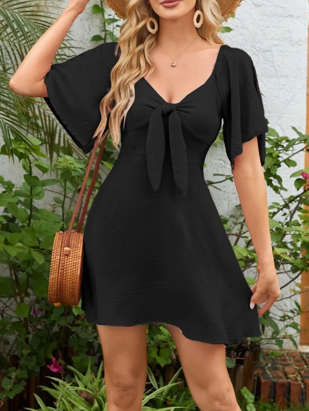Smocked Back Knotted Flutter Sleeve Dress (14)