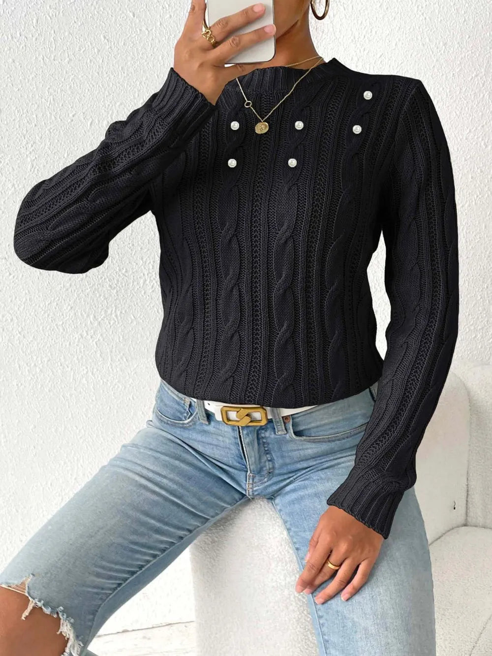 Cable-knit Round Neck Long Sleeve Sweater (11)