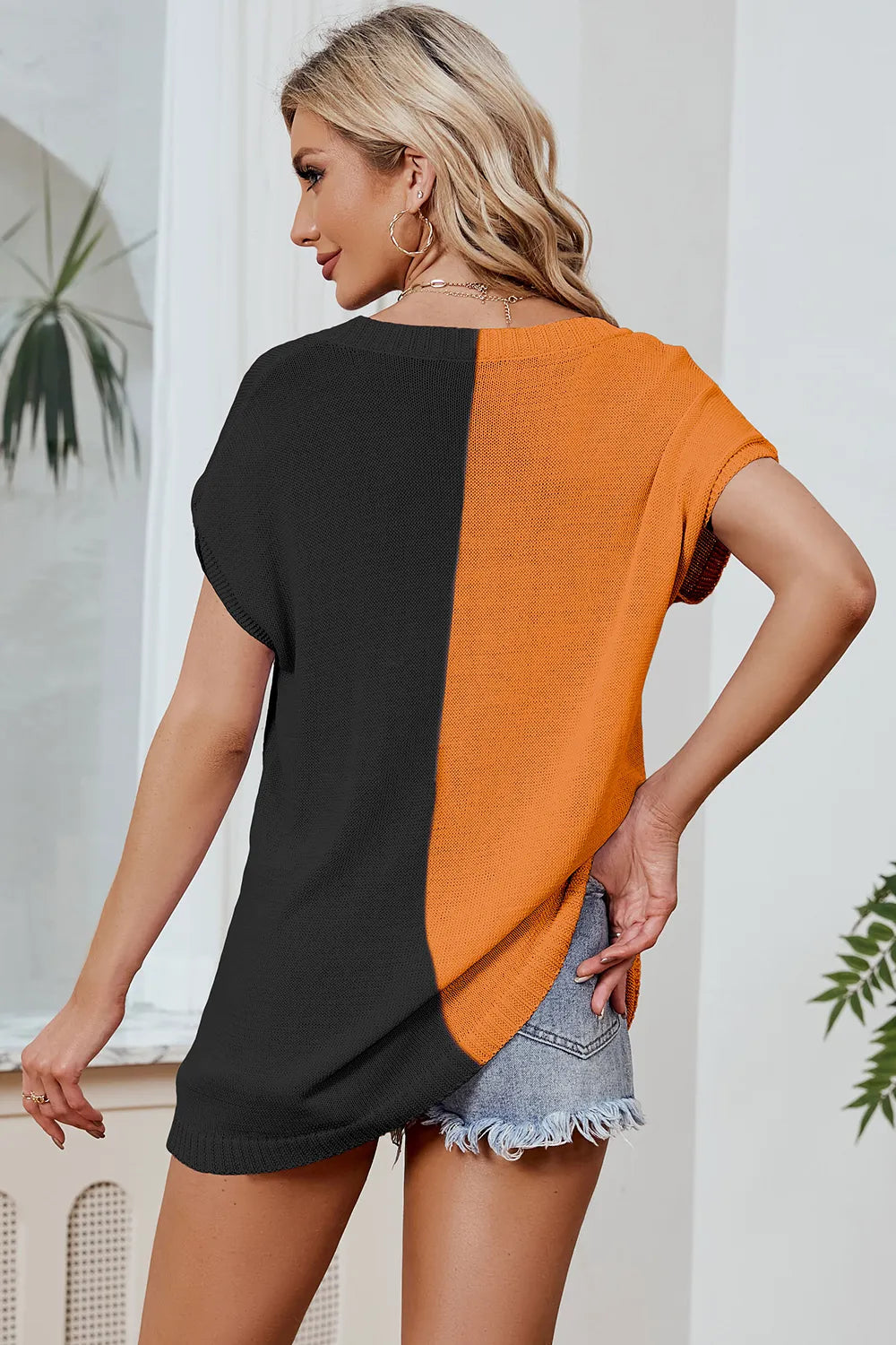 Block V-neck Short Sleeve Knit Top (2)
