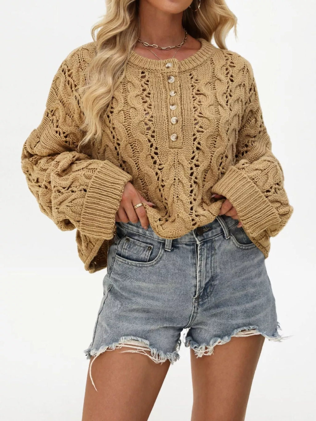 Chic Cable Knit Half-button Openwork Sweater (9)