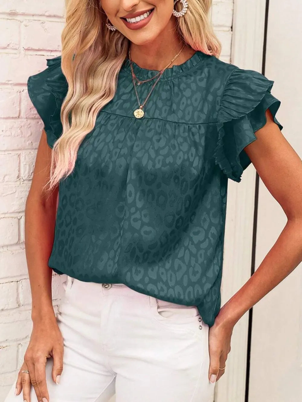 Leopard Frill Mock Neck Ruffled Cap Sleeve Top (17)