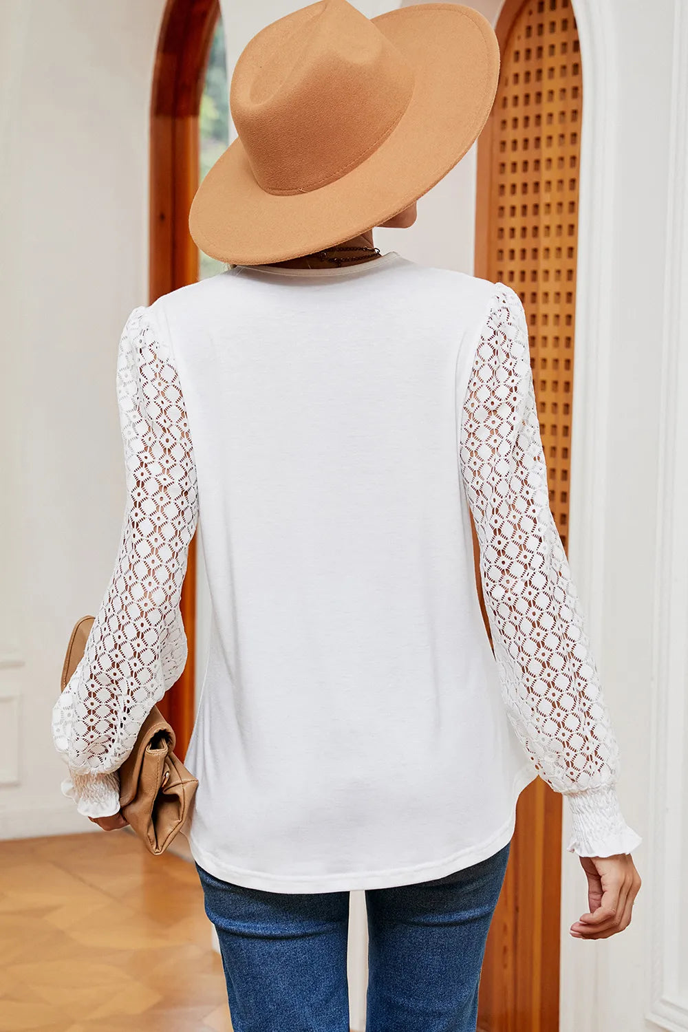 Openwork V-neck Long Sleeve T-shirt (2)