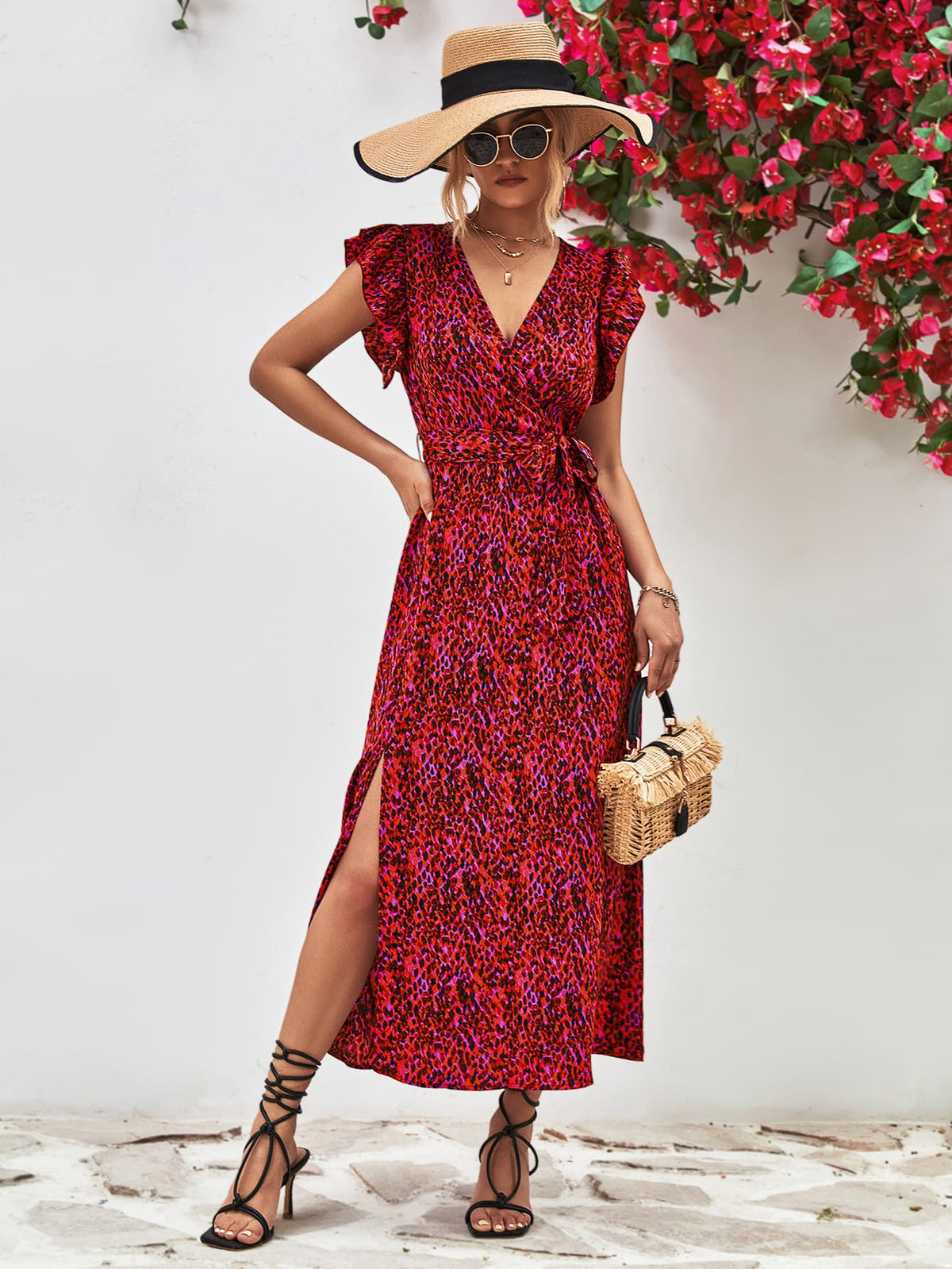 Printed Surplice Neck Flutter Sleeve Slit Dress (14)