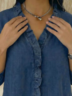 Full Size V-neck Ruffled Button Down Shirt Plus (2)